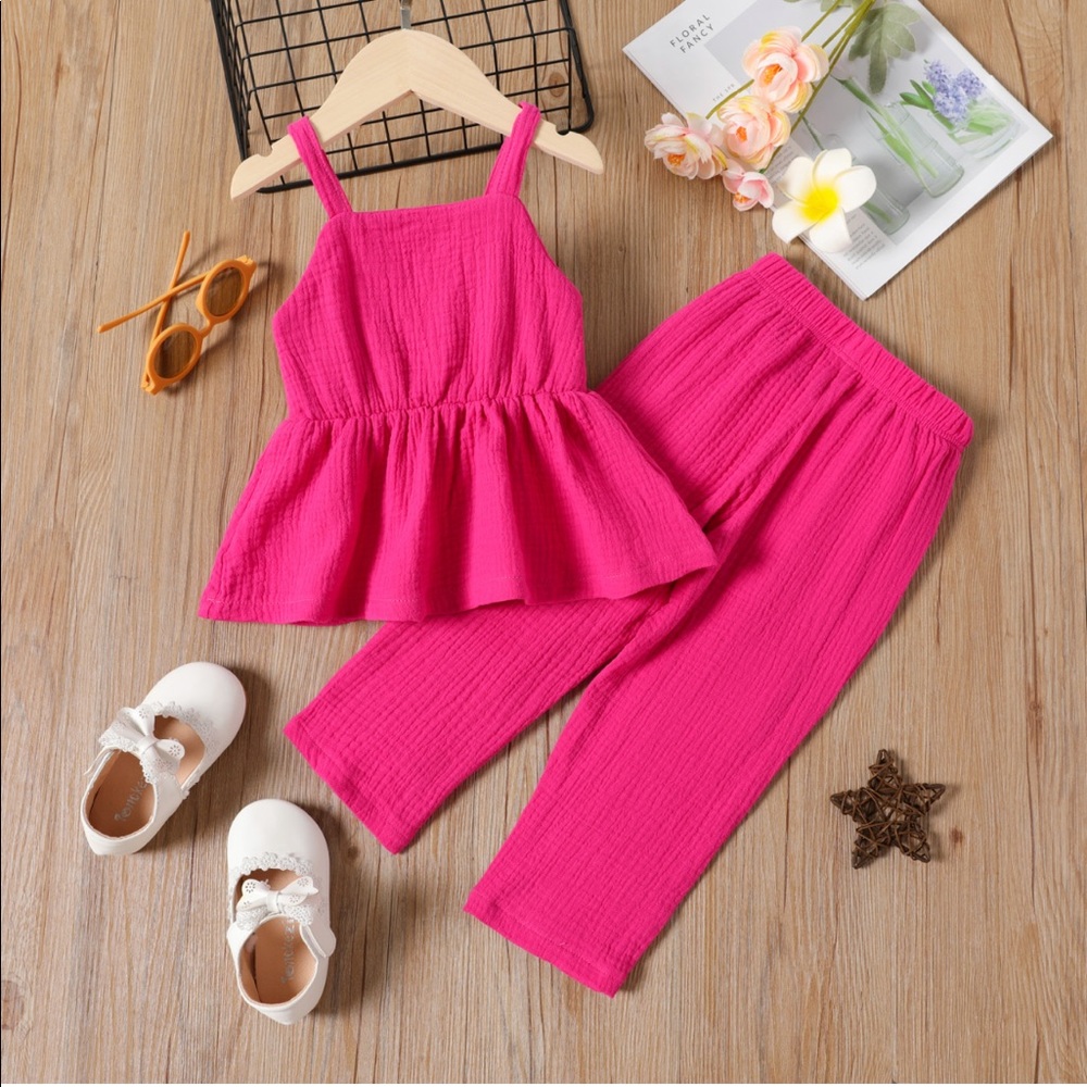 2pcsSet 100% Cotton Solid Color Peplum Crepw Camisole and Elasticized Pants Set